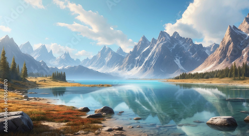A rugged wilderness landscape, towering mountains and a crystal clear lake, is rendered in a hyper-realistic digital painting style - AI Generative