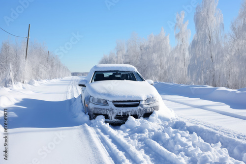 A broken down car is stuck in snow on a snow covered road in winter