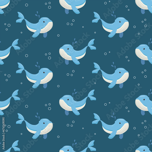 Seamless pattern with cute whales on a dark blue background. Children's pattern for clothes. Vector illustration