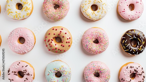  a bunch of doughnuts are lined up in a row on a white surface with sprinkles.  generative ai