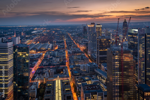 Evening aerial view of the centre of Frankfurt am Main with its skyscrapers and streets with lights