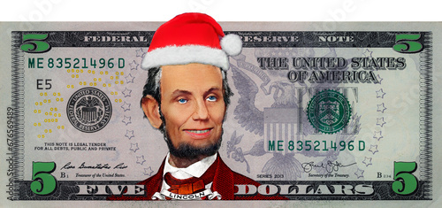 Abraham Lincoln from US 5 dollar banknote in Santa Claus hat