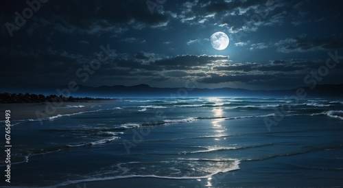 As the moon rises over the dark, tranquil ocean - AI Generative