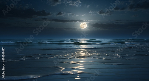 As the moon rises over the dark  tranquil ocean - AI Generative