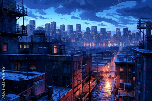 Blue hour cityscape. Generative AI