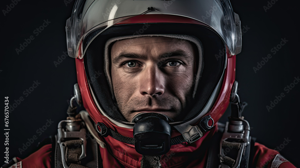 Close-up portrait of pilot wearing helmet