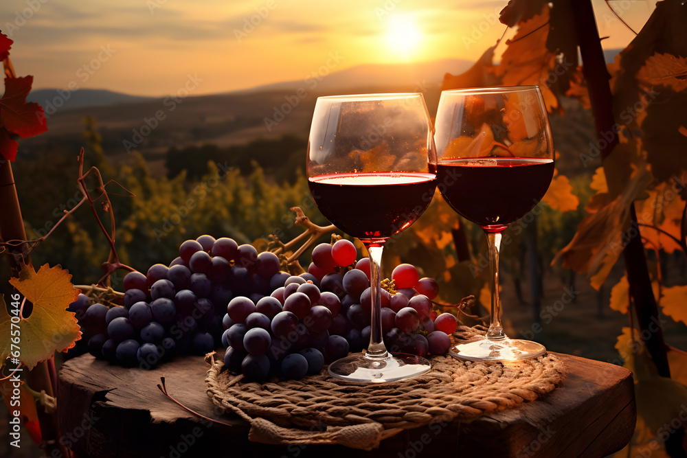Two glasse of red wine and grapes on wooden table in vineyear with sunset in background