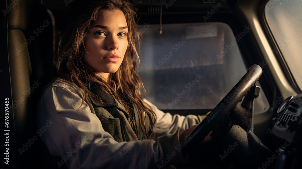 young beautiful woman truck driver with a wide smile standing in front of the truck young beautiful woman truck driver with a wide smile standing in front of the truck