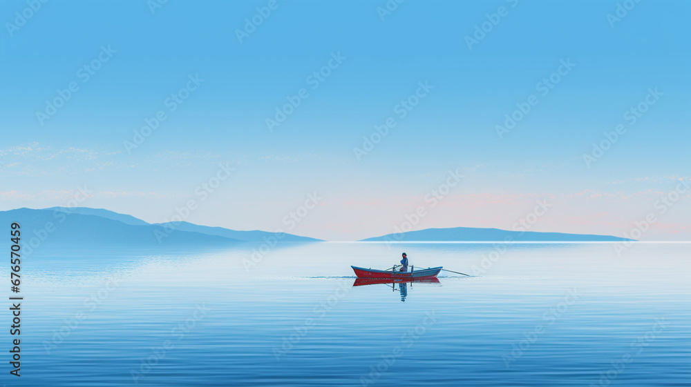 Fototapeta premium beautiful view of nature landscape, lonely boat in the lake