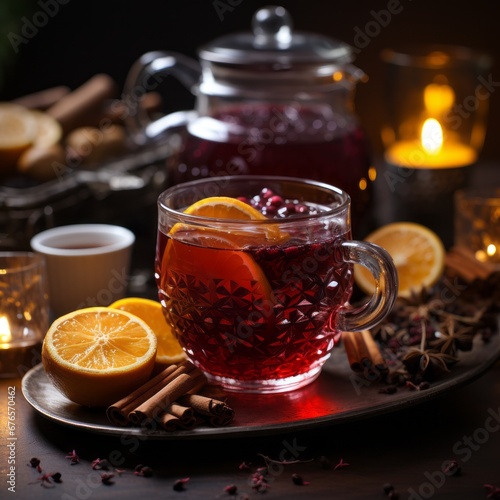 mulled wine with spices and lemons in a crystal glass, generative ai  