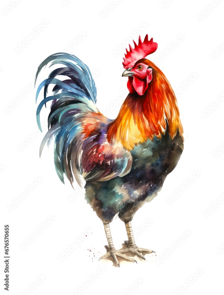 Watercolor illustration of a rooster on white background.