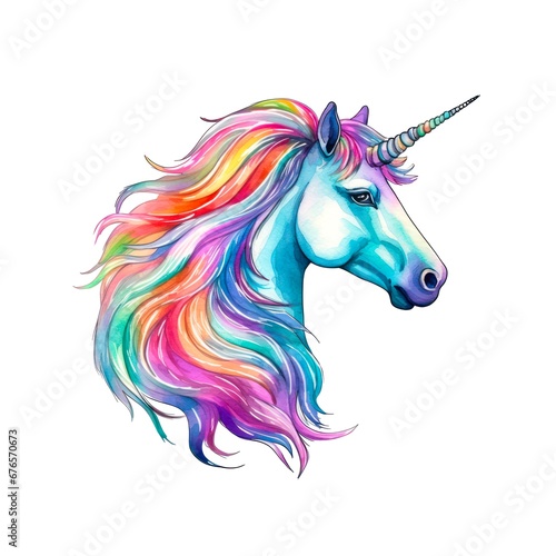 Portrait of a rainbow unicorn on white background in watercolor style.