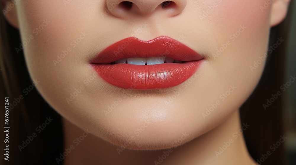 Obraz premium lose-up of beautiful lips. Skin and plump lips with natural red makeup. Part of the face. Makeup concept.