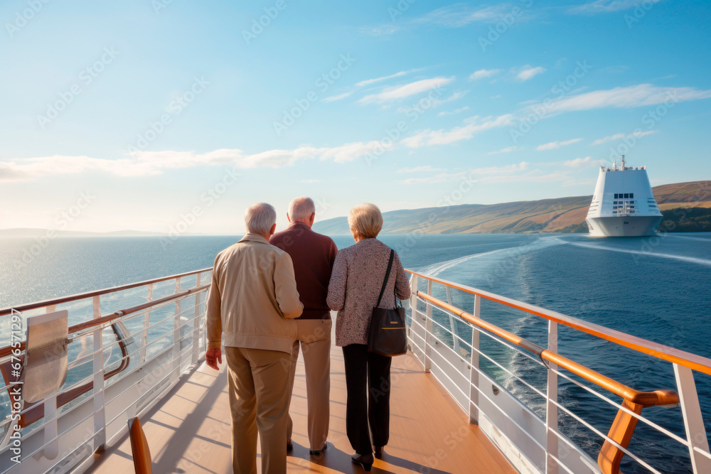 Senior couple walking the deck of a luxury passenger cruise ship. Beautiful aerial view with cruise trip. Generative AI concept Senior couple walking the deck of a luxury passenger cruise ship. Beautiful aerial view with cruise trip. Generative AI concept