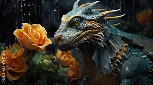  a close up of a statue of a dragon with flowers in the foreground and rain falling on the background.  generative ai