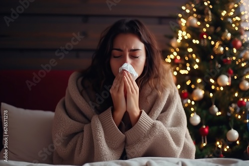 wоman blowing their nose in bed nеar Christmas tree photo