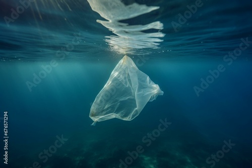 A plastic bag submerged in the ocean, contributing to microplastic pollution. Generative AI
