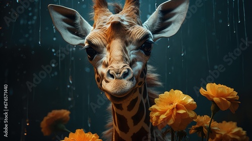  a close up of a giraffe with flowers in the foreground and rain falling down on the background. generative ai