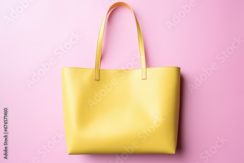 trendy yellow leather tote bag with a handle on a pink background. It is a statement piece from a designer’s new collection and is a must have essential for the spring and summer season