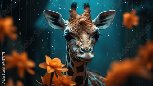  a close up of a giraffe s face with flowers in the foreground and water droplets on the background.  generative ai