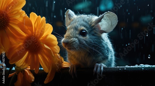  a mouse sitting on a window sill next to a yellow flower and a rain drop on a black background.  generative ai © Olga