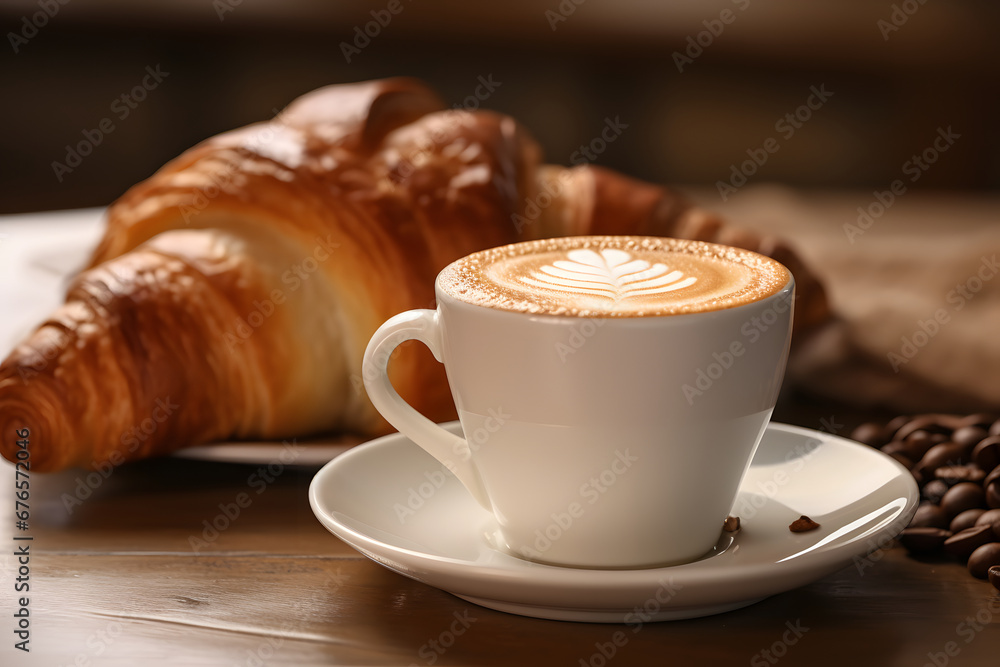 A steaming cup of rich and aromatic coffee, with creamy latte art swirling on top, served on a cozy café table with a plate of buttery croissants. Ai Generated.NO.02 A steaming cup of rich and aromatic coffee, with creamy latte art swirling on top, served on a cozy café table with a plate of buttery croissants. Ai Generated.NO.02