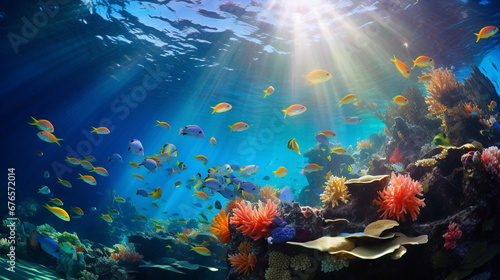 underwater view of baja reef exploding with hundreds beautiful colorful fish of all kinds  Generative AI © Xabi