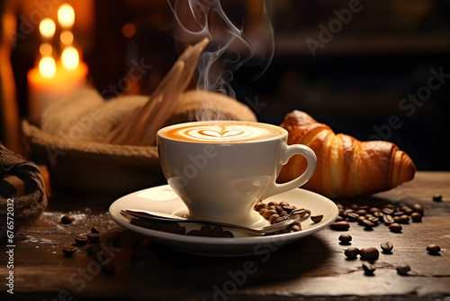 A steaming cup of rich and aromatic coffee, with creamy latte art swirling on top, served on a cozy café table with a plate of buttery croissants. Ai Generated.NO.03 photo