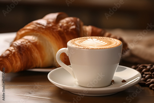 A steaming cup of rich and aromatic coffee, with creamy latte art swirling on top, served on a cozy café table with a plate of buttery croissants. Ai Generated.NO.02