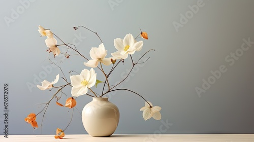  a white vase filled with white flowers on top of a wooden table with a blue wall in the back ground.  generative ai