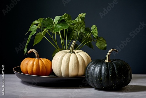 Three dark pumpkins on a white surface alongside a green plant and a white plate. Generative AI photo
