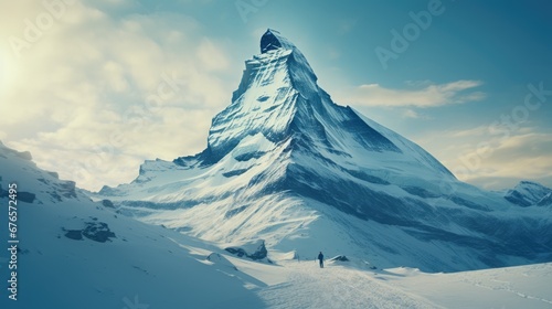  a group of people standing on top of a snow covered mountain in front of a blue sky with white clouds.  generative ai © Olga