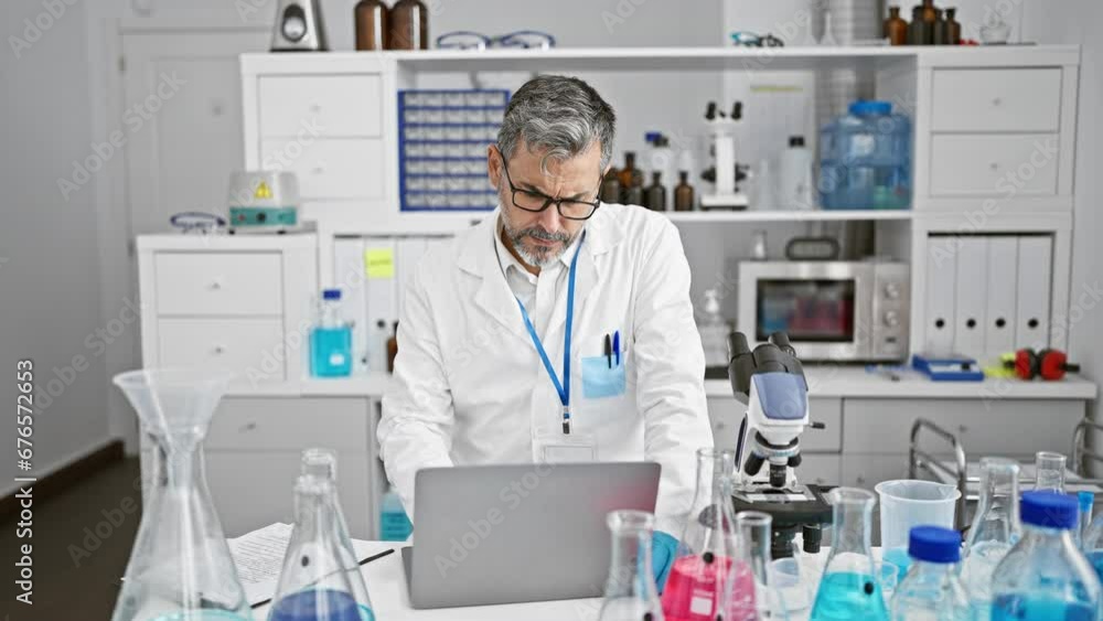 Serious grey-haired young hispanic man a scientist, engrossed in his work while sitting at laboratory table with laptop, deeply concentrated in his medical research, surrounded by tubes Serious grey-haired young hispanic man a scientist, engrossed in his work while sitting at laboratory table with laptop, deeply concentrated in his medical research, surrounded by tubes