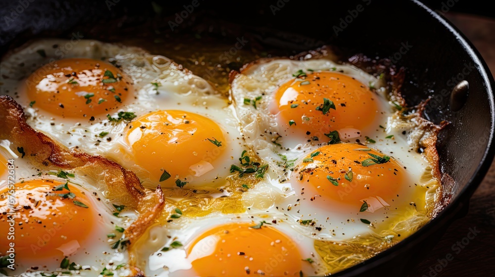 three fried eggs in a frying pan with parsley on the top of the frying pan, on a wooden table. generative ai three fried eggs in a frying pan with parsley on the top of the frying pan, on a wooden table. generative ai