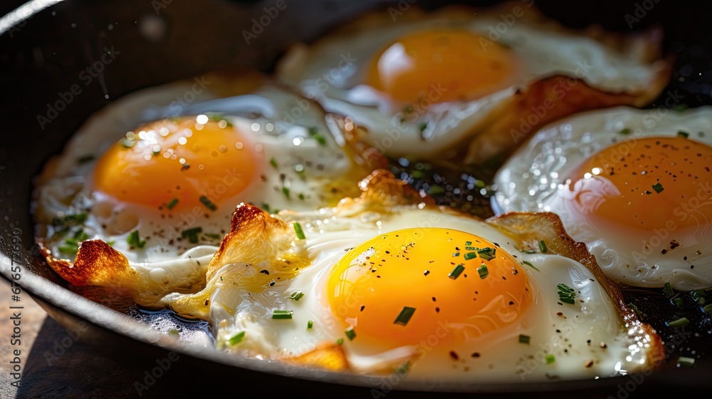 three fried eggs in a frying pan with chives and seasoning sprinkled on top of them. generative ai three fried eggs in a frying pan with chives and seasoning sprinkled on top of them. generative ai