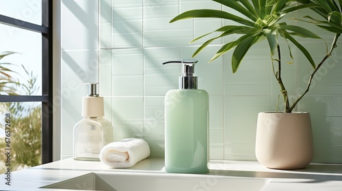  a bathroom sink with a plant and soap dispenser sitting on top of it next to a window.  generative ai