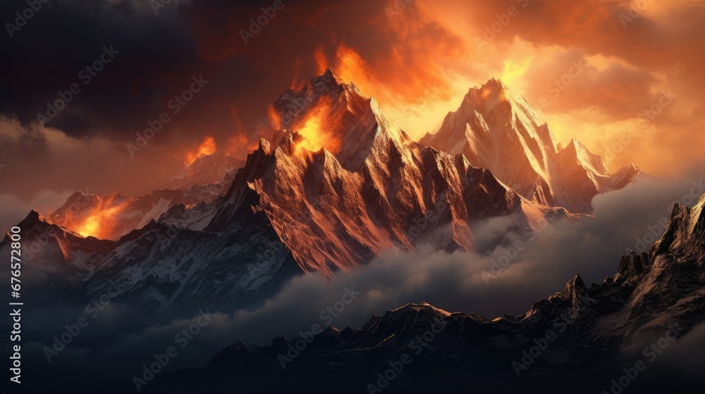  a painting of a mountain is shown in the foreground with clouds in the foreground and a red sky in the background.  generative ai