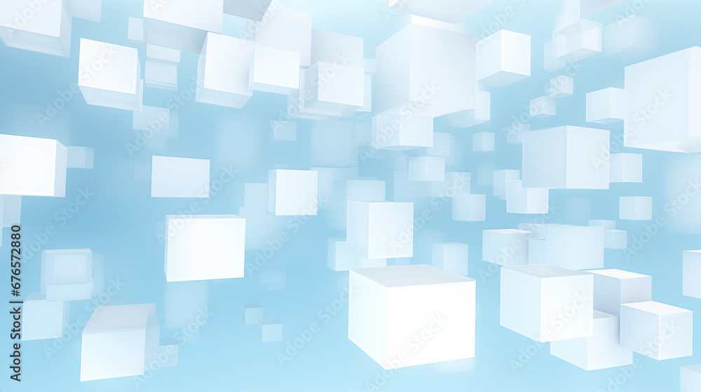Background of floating minimalist cubes, in the style of 3D digital art, light blue and white Background of floating minimalist cubes, in the style of 3D digital art, light blue and white