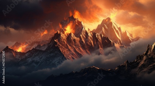  a painting of a mountain is shown in the foreground with clouds in the foreground and a red sky in the background. generative ai