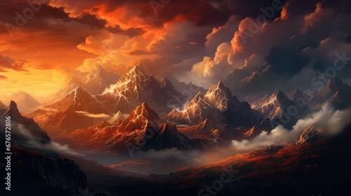 a painting of a mountain range with clouds in the foreground and a sunset in the middle of the picture.  generative ai