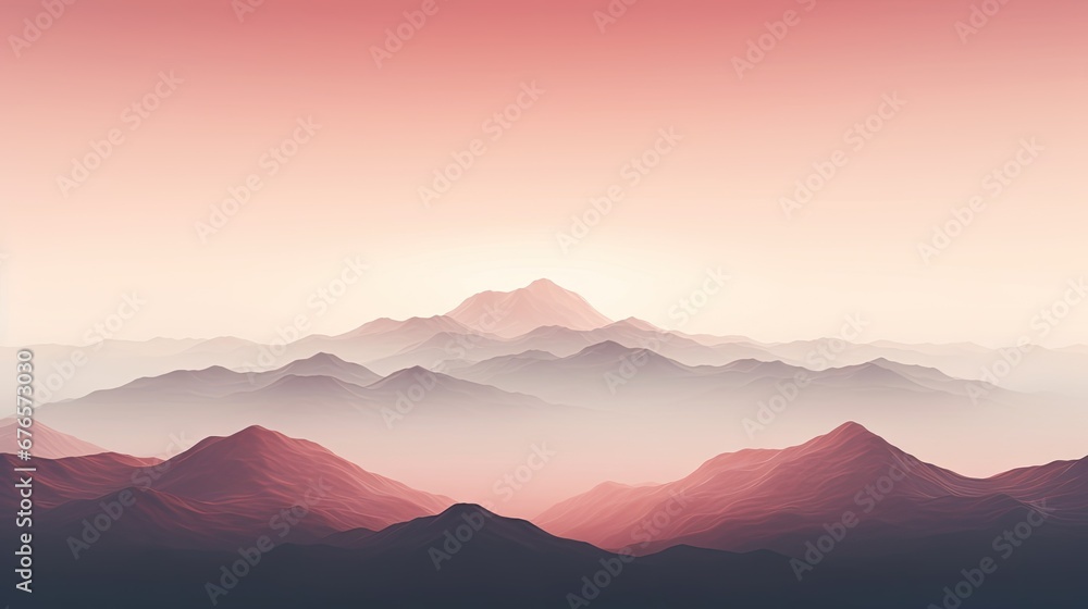  a view of a mountain range in the distance with a pink sky in the foreground and a pink sky in the background.  generative ai