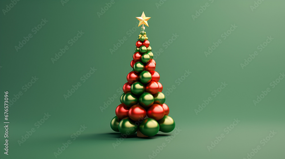 Fototapeta premium green red ornaments Christmas tree with golden star a on green background