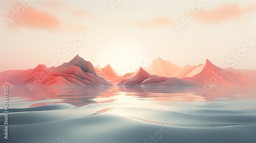  a large body of water with a mountain range in the distance and the sun rising over the mountains in the distance. generative ai