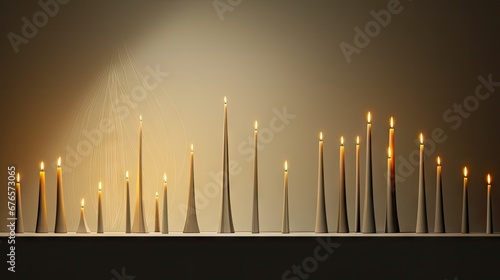  a group of tall candles sitting on top of a table next to a row of smaller candles on a shelf.  generative ai