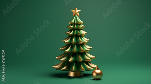 green Christmas tree with golden star a and golden ornaments on green background