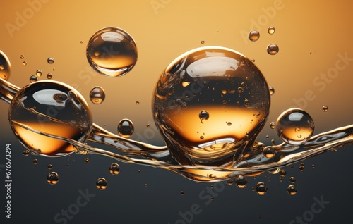 Close-up photo of gleaming golden oil bubbles floating serenely on a dark liquid s surface  captured with high detail
