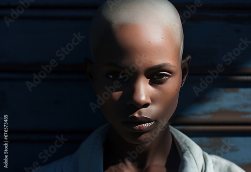 Close-up of a bald woman's face partially in shadow, highlighting her facial features and expression photo