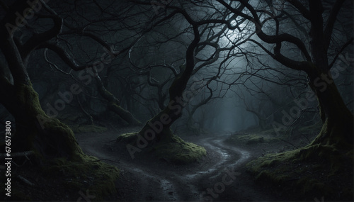 A winding path through a dark and eerie forest  illuminated only by the faint glow of moonlight filtering through the twisted branches above - AI Generative