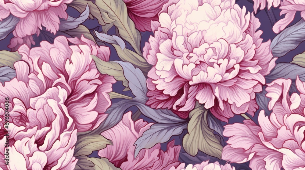  a close up of a bunch of pink flowers on a blue background with leaves and flowers in the middle of the image.  generative ai