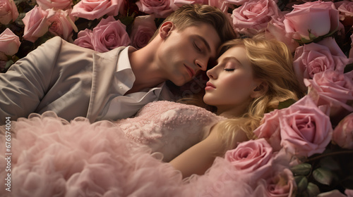 a couple sleeping in the pink rose garden